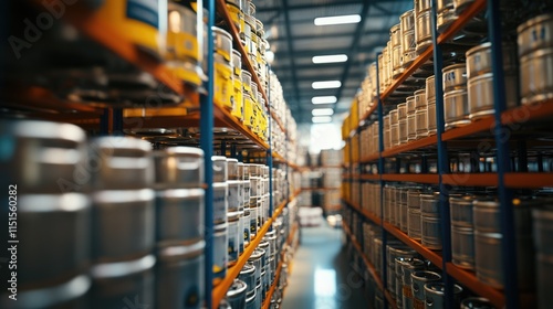 A stylized image of beer kegs stacked neatly in a brightly lit warehouse section of the brewery.