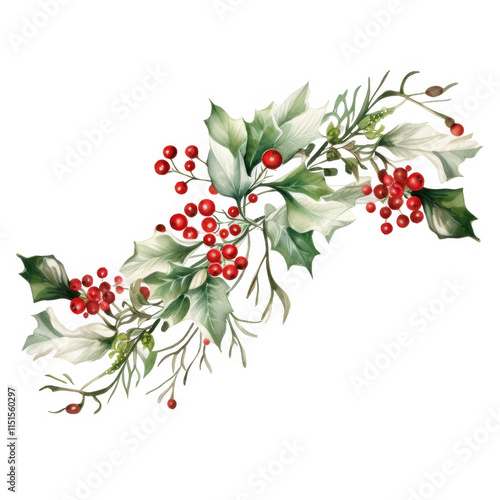 Festive Holly Branch With Red Berries And Green Leaves
