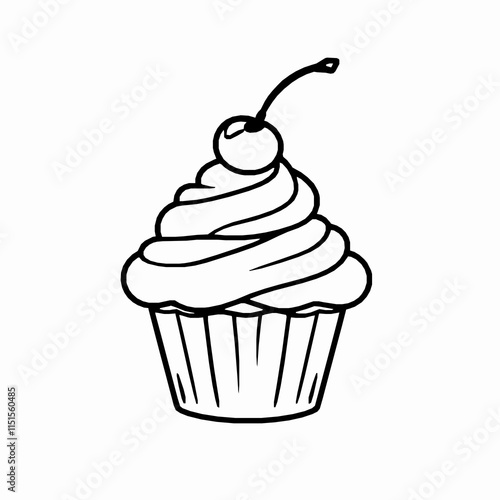 cupcake outline vector illustration with frosting and cherry