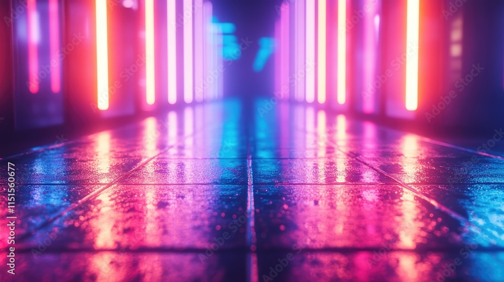 Neon Corridor Reflections: A futuristic hallway bathed in vibrant pink and blue neon light, reflecting on a wet tiled floor. Neon Corridor Reflections: A futuristic hallway bathed in vibrant pink and blue neon light, reflecting on a wet tiled floor.
