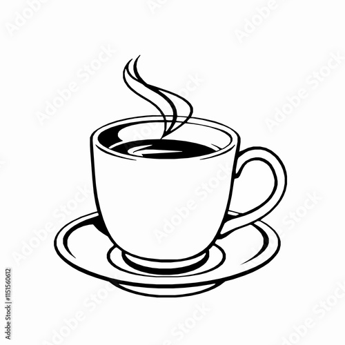 coffee cup outline vector illustration with steaming details and saucer