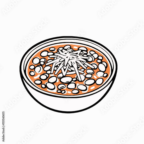 chili bowl outline vector illustration with beans and cheese