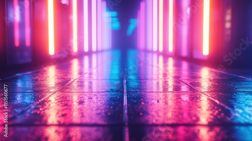 Neon Corridor Reflections: A futuristic hallway bathed in vibrant pink and blue neon light, reflecting on a wet tiled floor.