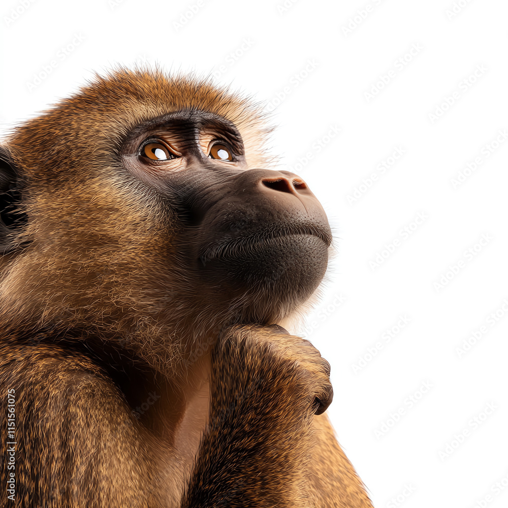 Fototapeta premium Thoughtful monkey with expressive eyes against a white isolate background.