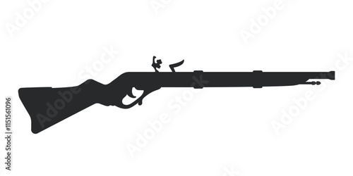 Isolated ancient rifle silhouette. Retro weapon drawing. Mediaeval gun icon. Black art of antique pistol