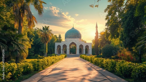 Sunset Serenity at the Mosque: A picturesque view of a mosque bathed in the golden light of sunset, nestled within a tranquil garden setting. photo