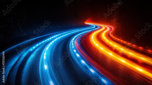 Vibrant light trails illuminate a winding road at night showcasing a stunning contrast of blue and orange hues