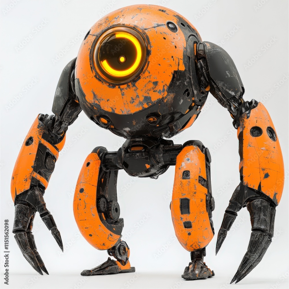 a robot with a large glowing eye and claw hands a robot with a large glowing eye and claw hands