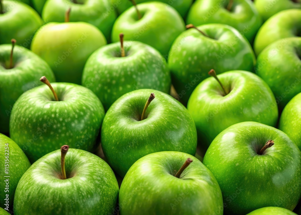 A vibrant green apple harvest: ripe, juicy fruit for a tempting wallpaper. A vibrant green apple harvest: ripe, juicy fruit for a tempting wallpaper.