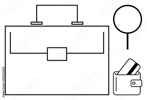 Business briefcase, magnifying glass, and wallet with credit card indicating themes of business, finance, analysis, and investigation. Ideal for corporate materials, financial services, professional