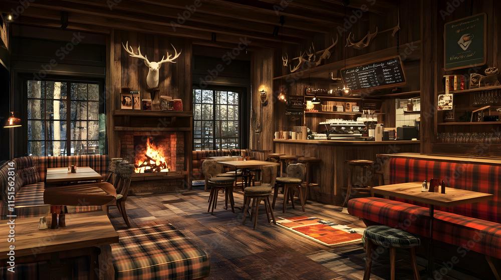 Cozy Wooden Cabin Cafe with Fireplace: Rustic Interior Design Cozy Wooden Cabin Cafe with Fireplace: Rustic Interior Design