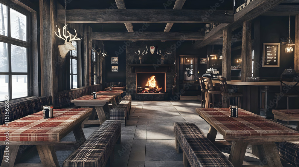 Fototapeta premium Cozy Wooden Cabin Interior with Fireplace