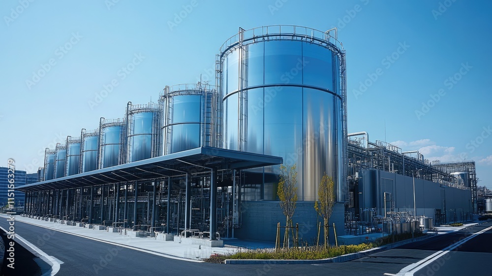 Modern Industrial Plant with Storage Tanks: A View of an Advanced Facility with Multiple Cylindrical Tanks and Supporting Infrastructure Modern Industrial Plant with Storage Tanks: A View of an Advanced Facility with Multiple Cylindrical Tanks and Supporting Infrastructure