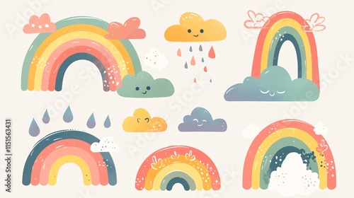 Vibrant Abstract Cartoon Drawing of Rainbows in Pastel Colors