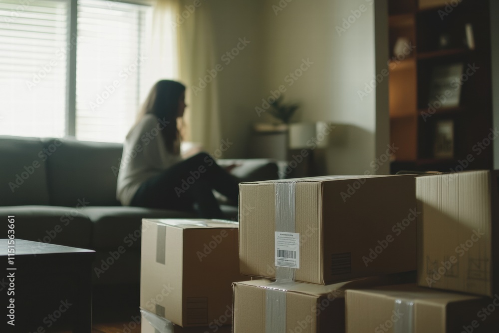 Fototapeta premium A woman sits on a couch in a room with boxes stacked in the background