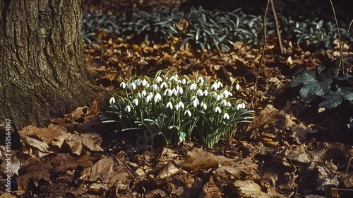 Delicate snowdrops (Galanthus nivalis) emerge, heralding the end of winter's icy grip. As the snow retreats, these harbingers of spring burst forth in gardens photo