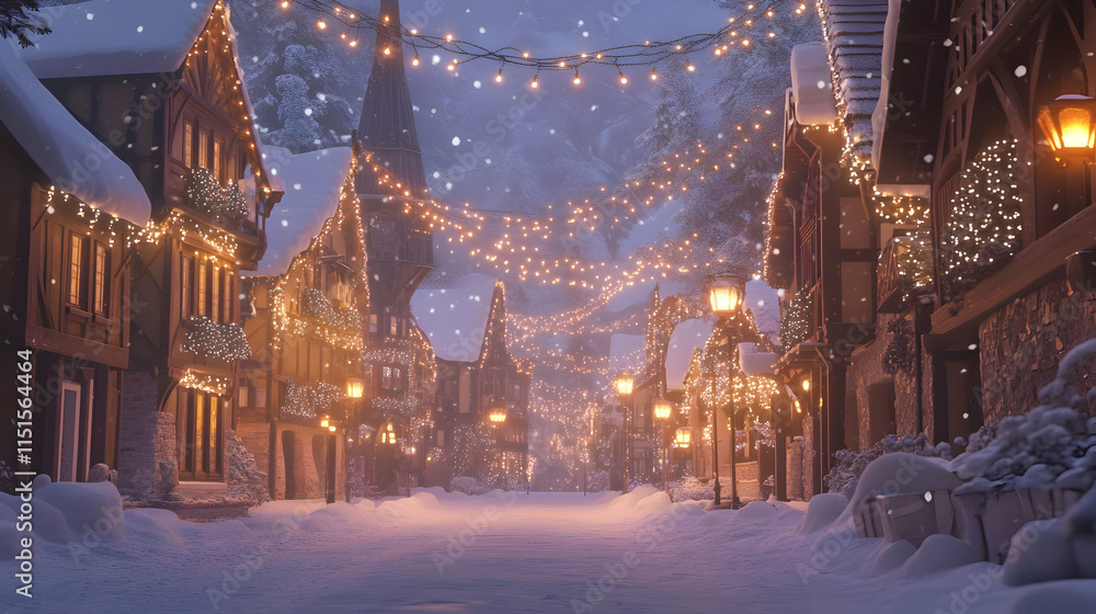Naklejka premium Enchanted Snowy Village: A Christmas Night Scene