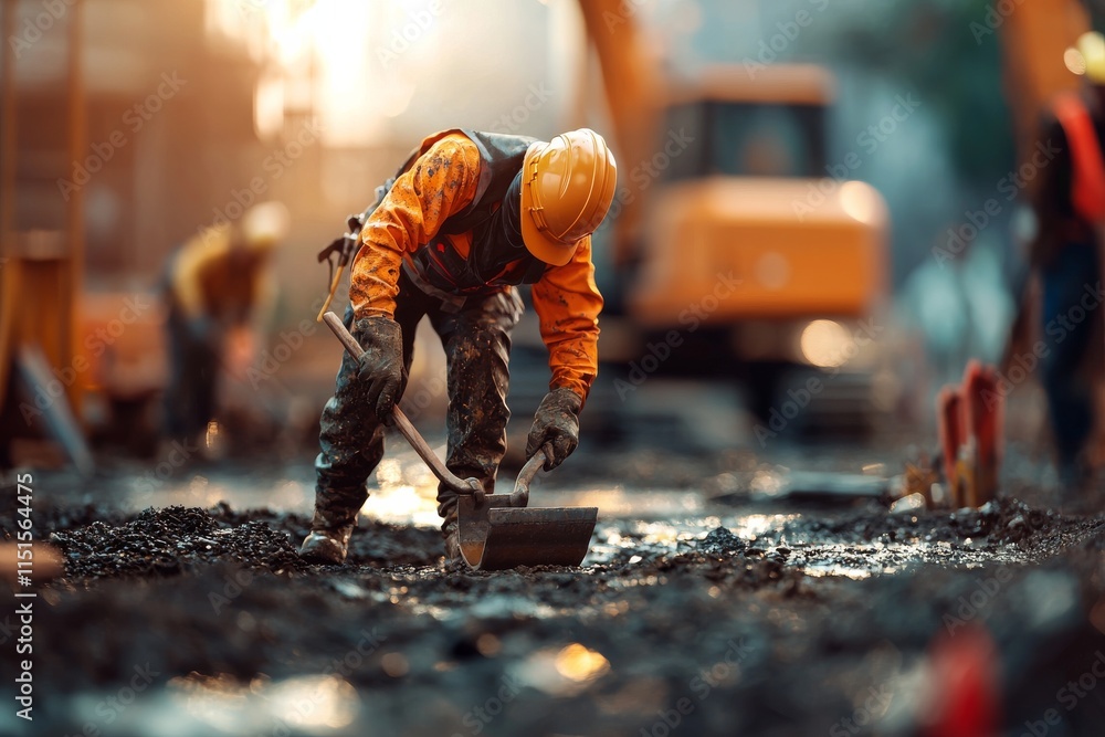Construction workers building at sunrise with focus on tools and rebar, highlighting teamwork and industrial progress Construction workers building at sunrise with focus on tools and rebar, highlighting teamwork and industrial progress