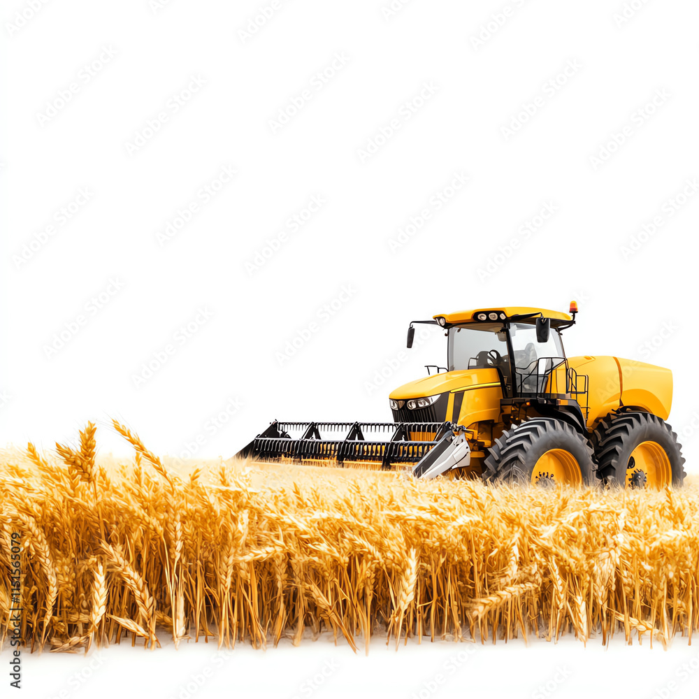 Obraz premium Yellow tractor harvesting wheat in a vast golden field, isolated on white background