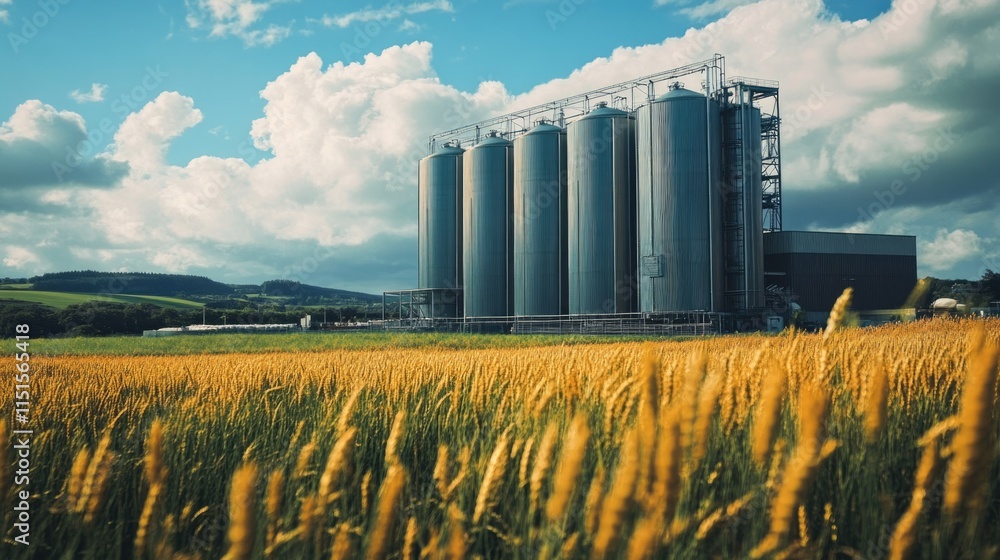 Large beer silos in an open field, emphasizing the scale of industrial brewing operations. Large beer silos in an open field, emphasizing the scale of industrial brewing operations.