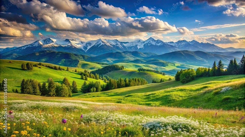 Fototapeta premium Serene mountain meadow landscape with lush green hills and vibrant wildflowers under a bright sunny sky