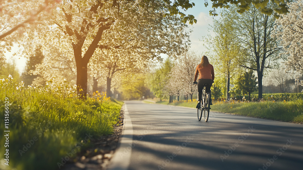 woman cycling during spring on the road during mid-day with a frontal angle woman cycling during spring on the road during mid-day with a frontal angle