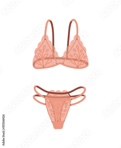 Sexy set of lace lingerie with thong panty, elegant bra. Transparent women's underwear. Female underclothes, undergarment: panties, brassiere. Flat isolated vector illustration on white background