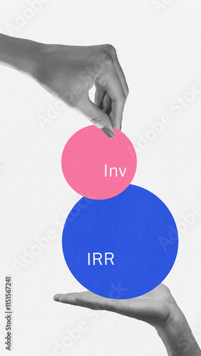 Cotemporary art collage. Hands balancing circles indicating relationship between investments and returns, emphasizing strategic resource allocation. Concept of finance, business accounting, analysis. photo