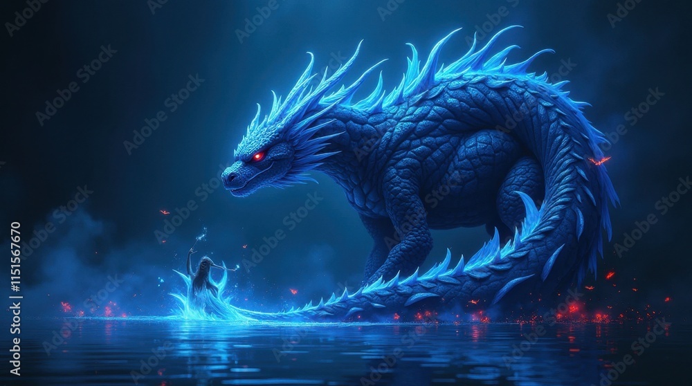 Obraz premium Glowing Blue Dragon Shadow Illustration