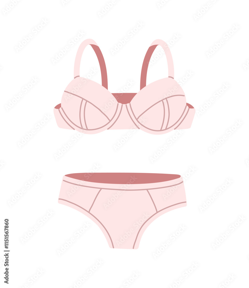 Trendy lingerie, stylish women's swimsuit. Female set of underwear with cute panty, brassiere. Lovely nightwear, swimwear with bra and panties. Flat isolated vector illustration on white background Trendy lingerie, stylish women's swimsuit. Female set of underwear with cute panty, brassiere. Lovely nightwear, swimwear with bra and panties. Flat isolated vector illustration on white background