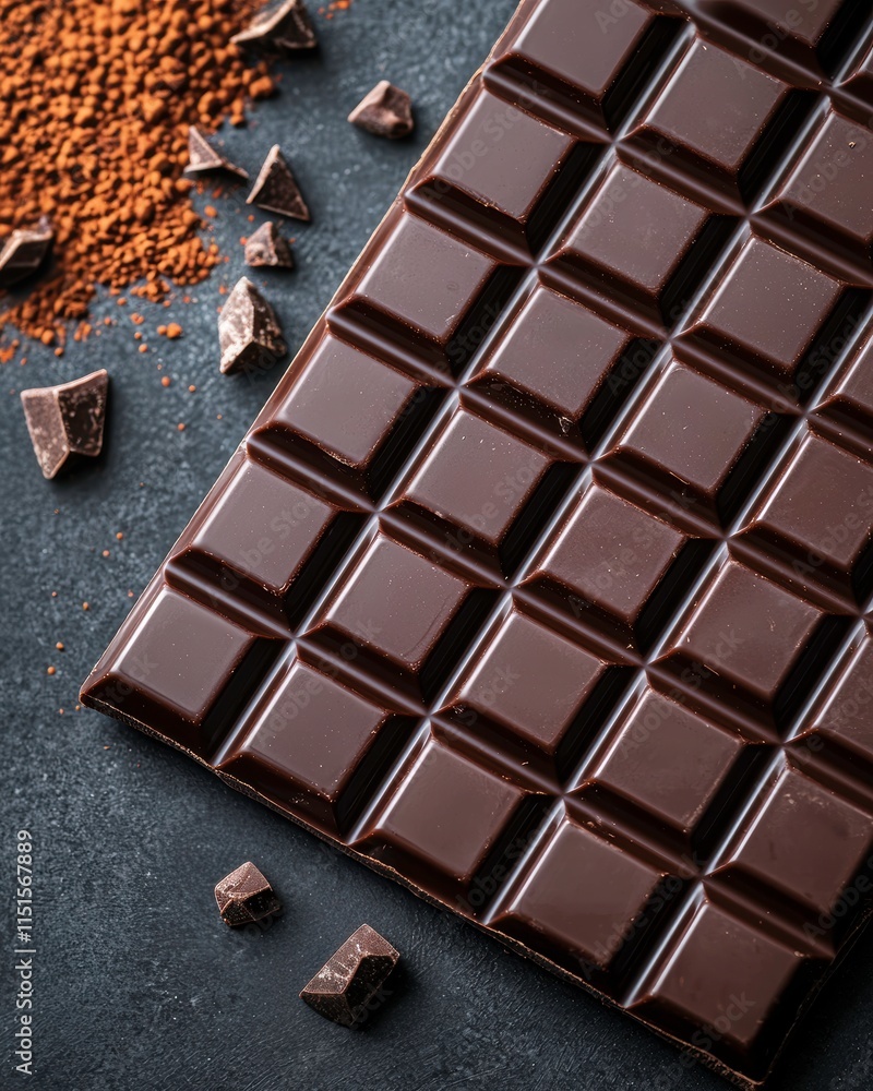 Rich dark chocolate bar with cocoa powder and chocolate chunks on a dark background. Rich dark chocolate bar with cocoa powder and chocolate chunks on a dark background.