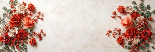 Elegant floral arrangement featuring red roses and greenery on a textured background, ideal for invitations or decorative purposes.