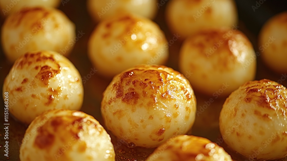 Close-up of golden-brown roasted potato balls on a baking sheet. Close-up of golden-brown roasted potato balls on a baking sheet.