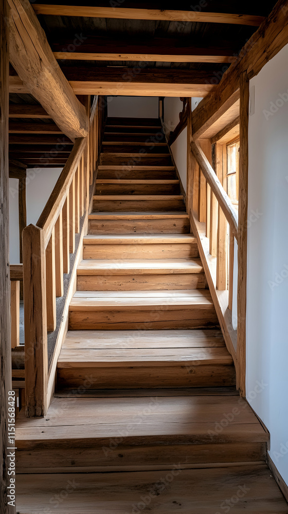 Rustic Wooden Staircase Interior, Sunlight, Historic Building, Home Design, Architecture. Rustic Wooden Staircase Interior, Sunlight, Historic Building, Home Design, Architecture.