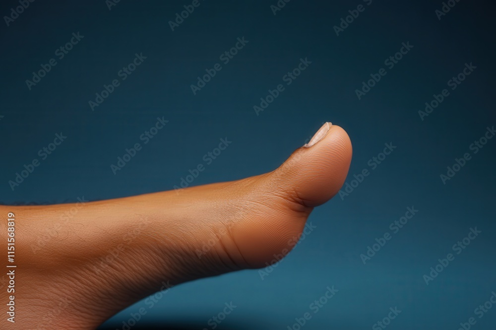 A persons foot is positioned in a relaxed state, showcasing the big toe and skin texture against a dark blue background, highlighting a tranquil atmosphere. A persons foot is positioned in a relaxed state, showcasing the big toe and skin texture against a dark blue background, highlighting a tranquil atmosphere.