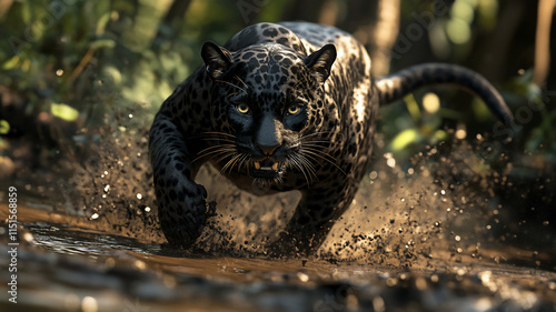 running panther during mid-day in a mudpool with a low Angle 