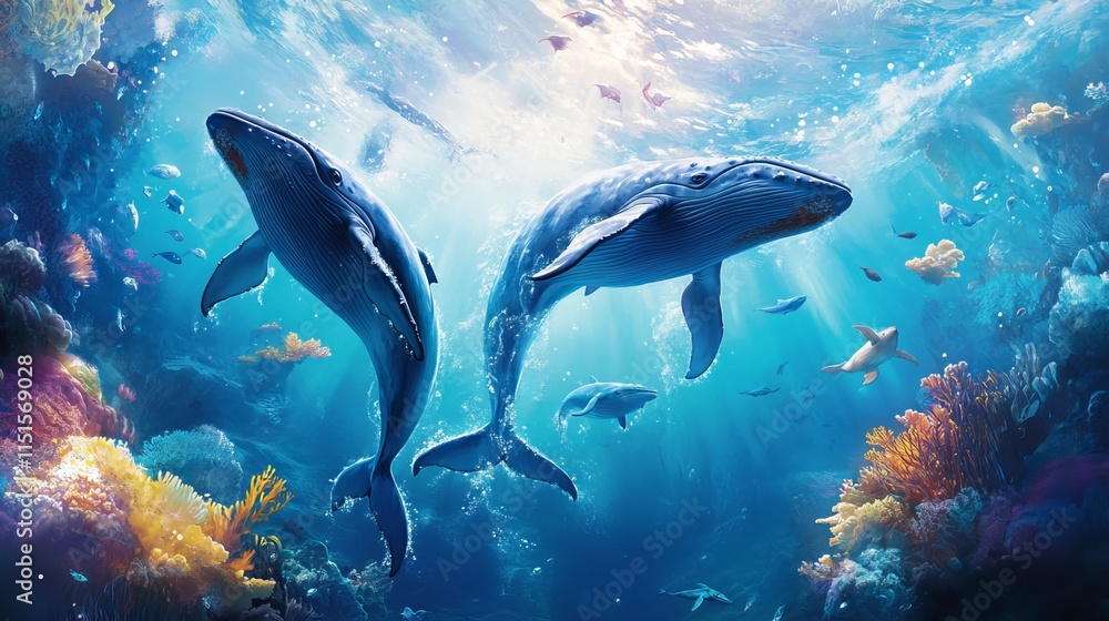 Fototapeta premium Immerse your child in the wonders of the ocean with this vibrant wallpaper. Featuring majestic whales frolicking in the azure waters, it transports them to a serene and captivating underwater world. 