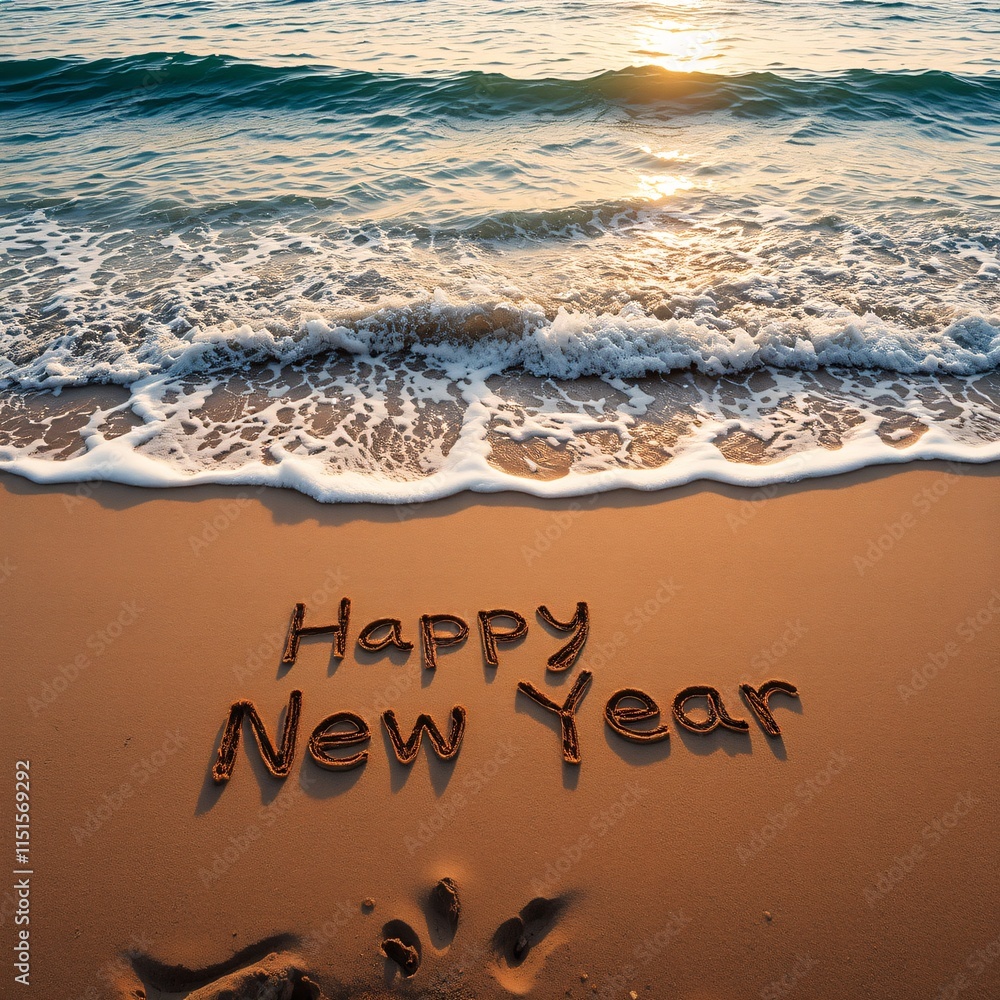 Fototapeta premium beach at sunrise, with 'Happy New Year' written in the sand
