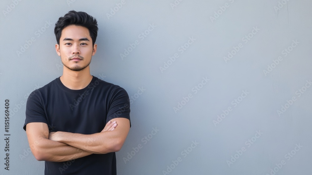 19.Portrait of a young man in casual clothing, standing against a plain white wall with arms crossed; his calm, introspective look adds a sense of depth and contemplation to the image 19.Portrait of a young man in casual clothing, standing against a plain white wall with arms crossed; his calm, introspective look adds a sense of depth and contemplation to the image