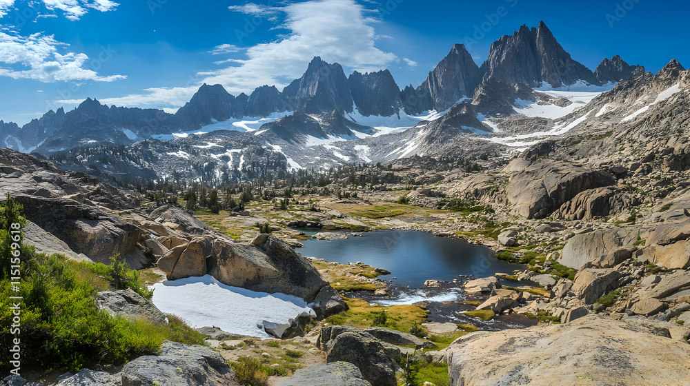 Fototapeta premium Majestic Alpine Lake nestled in the heart of a breathtaking mountain range. A stunning landscape of glaciers, rocks, and serene beauty.