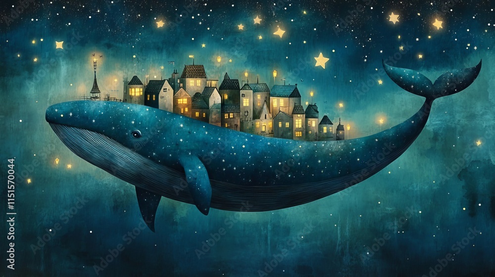 Immerse your little one in a whimsical world with this enchanting fantasy print. A colossal blue whale soars through a starry sky, carrying a quaint town on its back Immerse your little one in a whimsical world with this enchanting fantasy print. A colossal blue whale soars through a starry sky, carrying a quaint town on its back