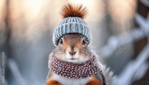  squirrel dressed in cozy warm clothes, including a hat and scarf, against a soft, winter-themed background photo