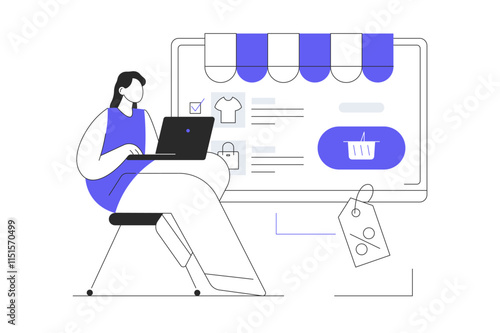 E-commerce platform advertising. Online shopping scene with women making purchases on internet. Sales. Flat Cartoon Vector Illustration, icon. Stylish abstract Blue 