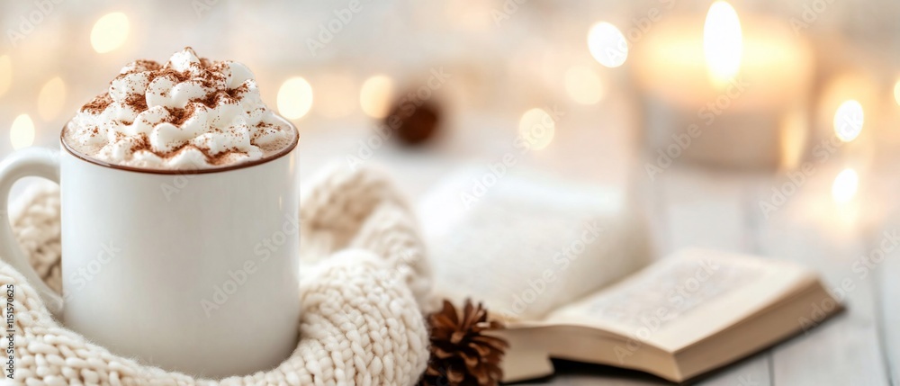 Cozy scene with hot cocoa, a book, and soft lighting. Cozy scene with hot cocoa, a book, and soft lighting.