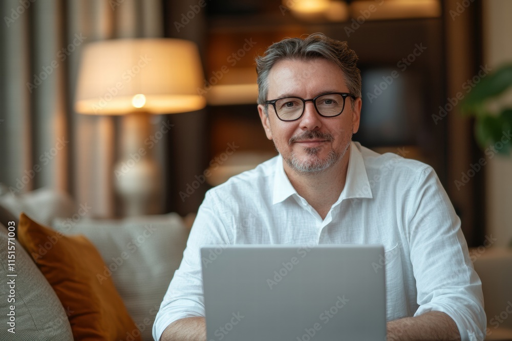 A man wearing glasses is sitting on a couch with a laptop in front of him A man wearing glasses is sitting on a couch with a laptop in front of him