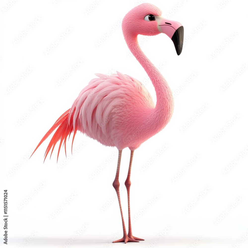 Fototapeta premium a pink flamingo stands against a white background