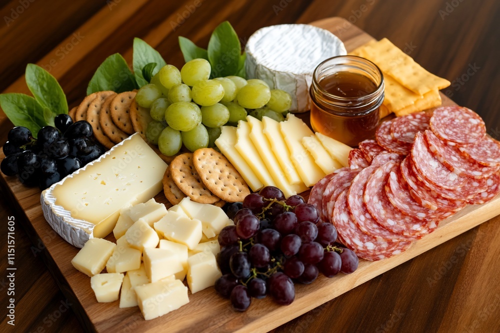 A colorful cheese and charcuterie board arrangement. A colorful cheese and charcuterie board arrangement.