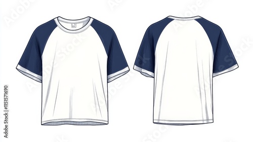 26.Technical flat drawing of an oversized raglan sleeve t-shirt with front and back views; unisex design with contrasting white body and dark blue sleeves, detailed stitching and linework visible, photo