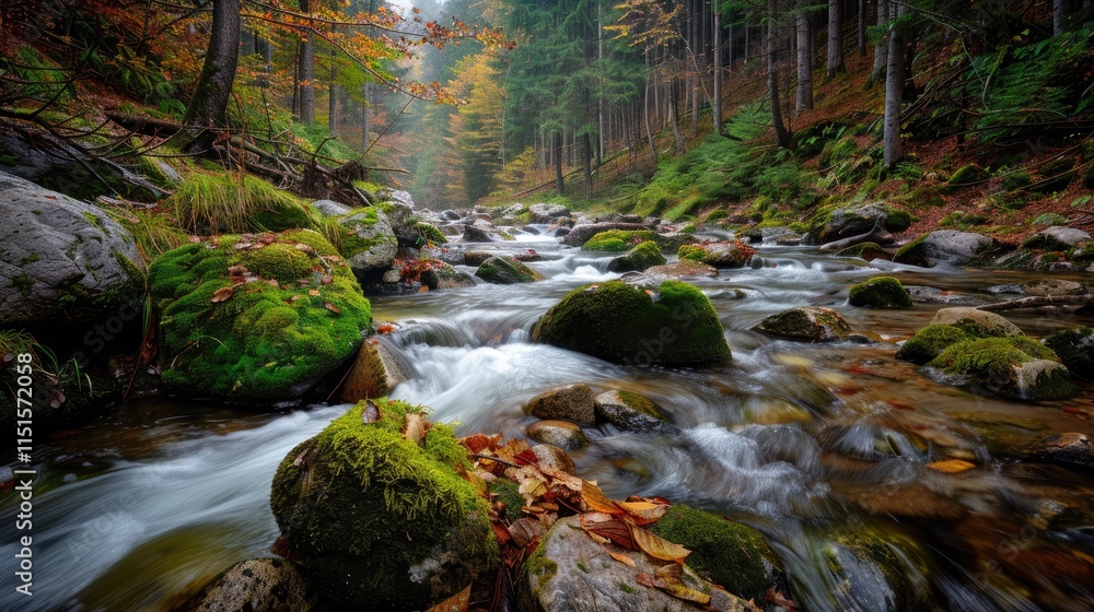 A serene mountain stream flowing through a dense forest, with moss-covered rocks and fallen leaves A serene mountain stream flowing through a dense forest, with moss-covered rocks and fallen leaves