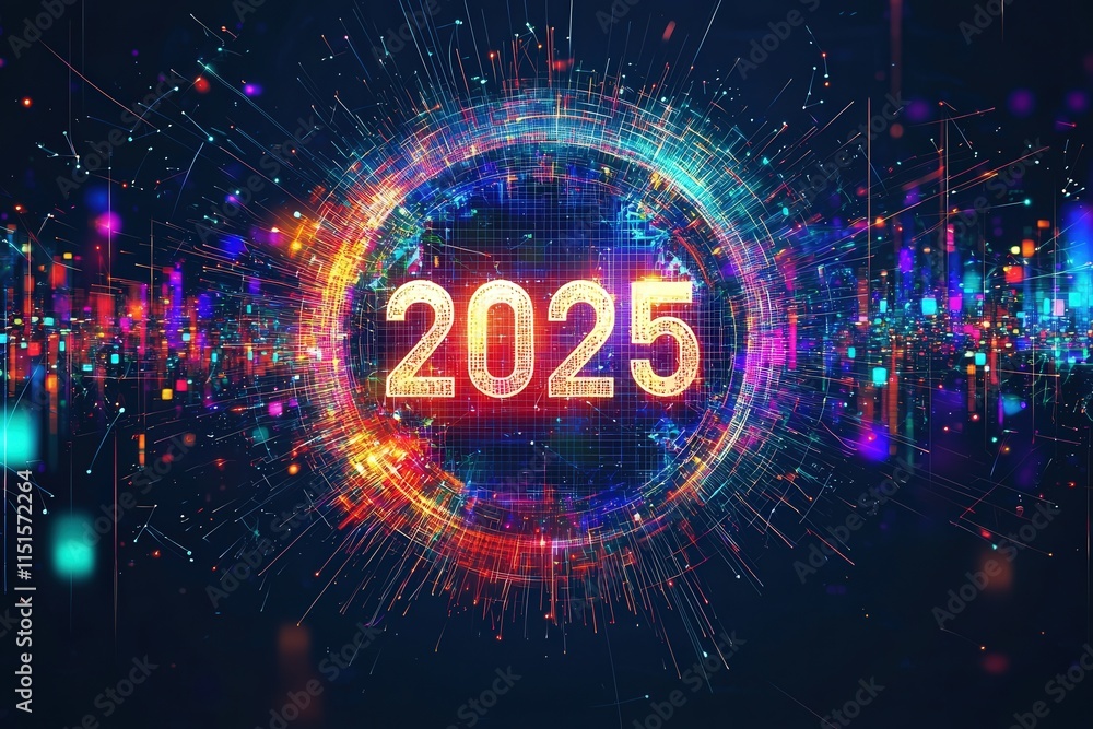 Obraz premium Brightly colored digital elements radiate around the year 2025, creating a dynamic, futuristic atmosphere.